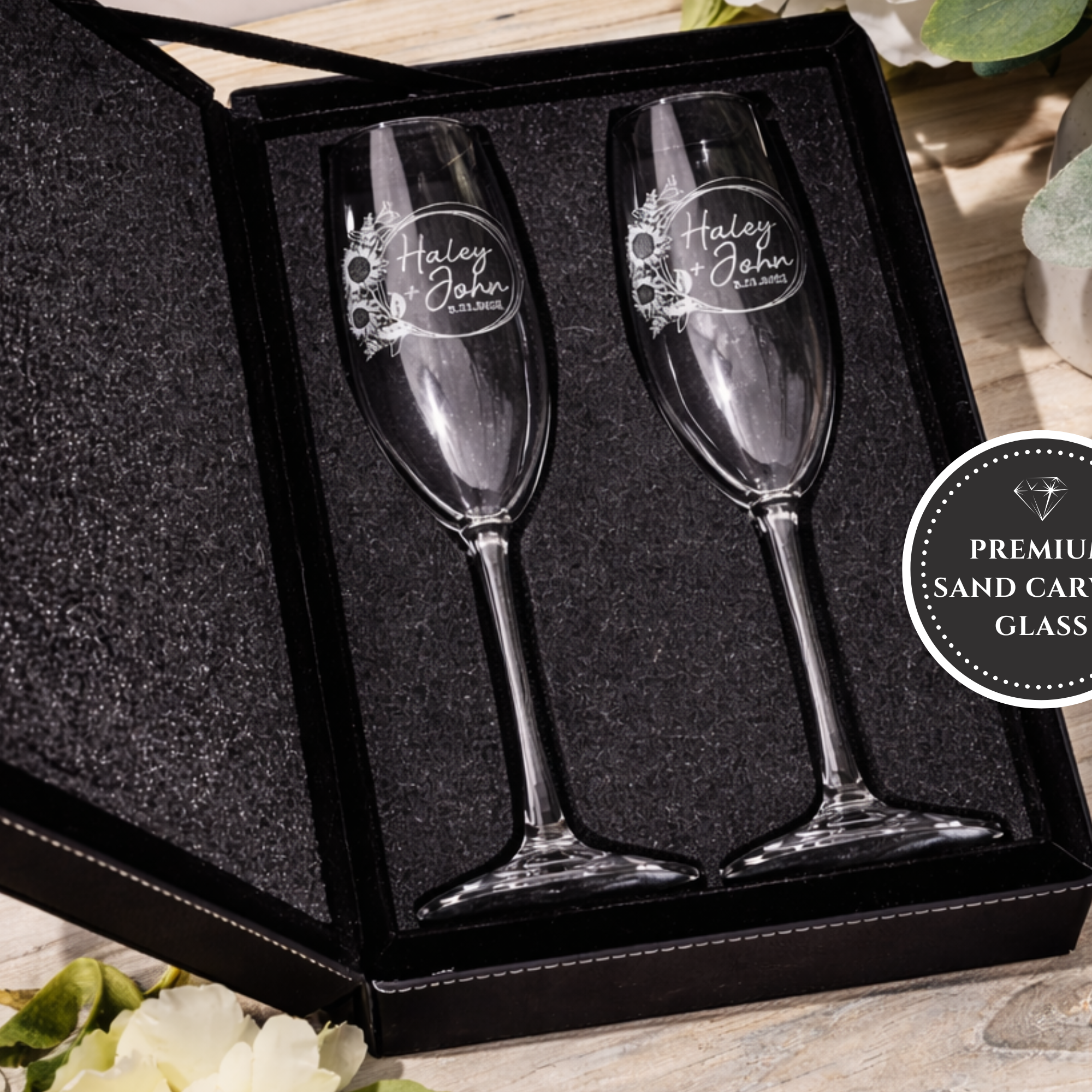 Personalized Sunflower Wedding Champagne Flutes