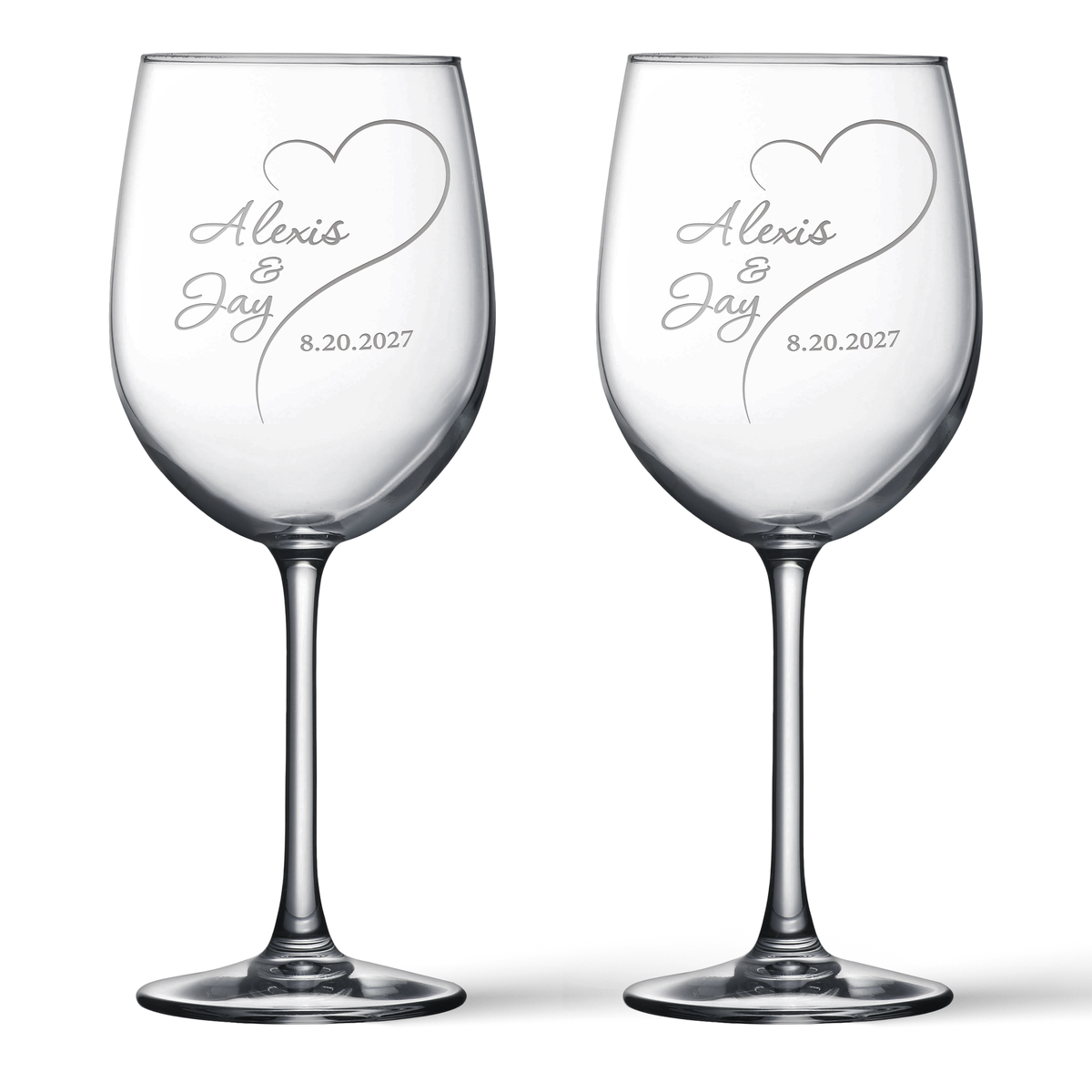 Pair of personalized stemmed wine glasses sandblast engraved with open heart, names and wedding date; comes in black gift box