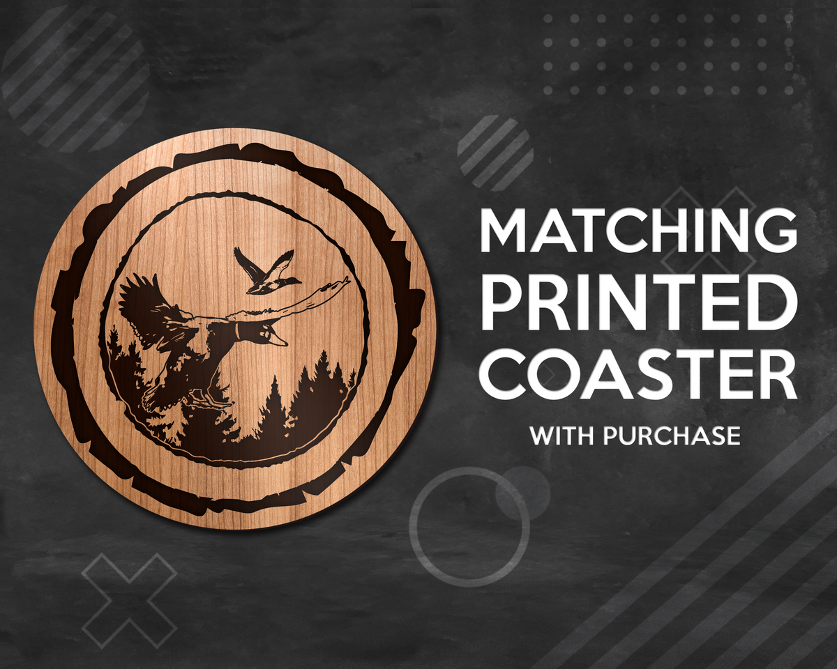 Matching printed wood coaster with mallard duck and pine tree design, included with purchase