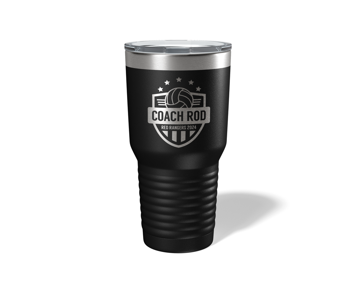 Personalized Volleyball Coach Tumbler 30oz in Black, laser engraved stars design