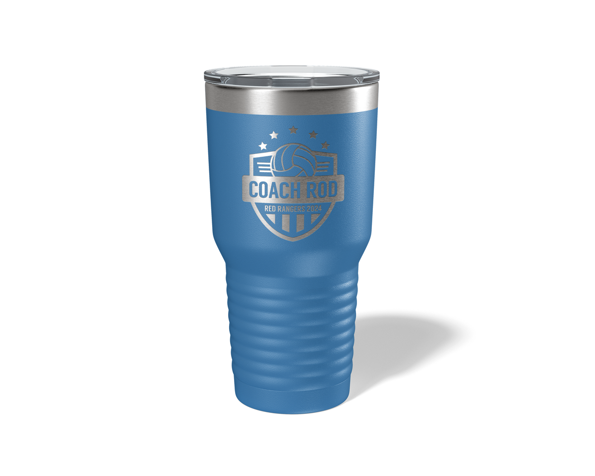 Personalized Volleyball Coach Tumbler 30oz in Blue, laser engraved stars design