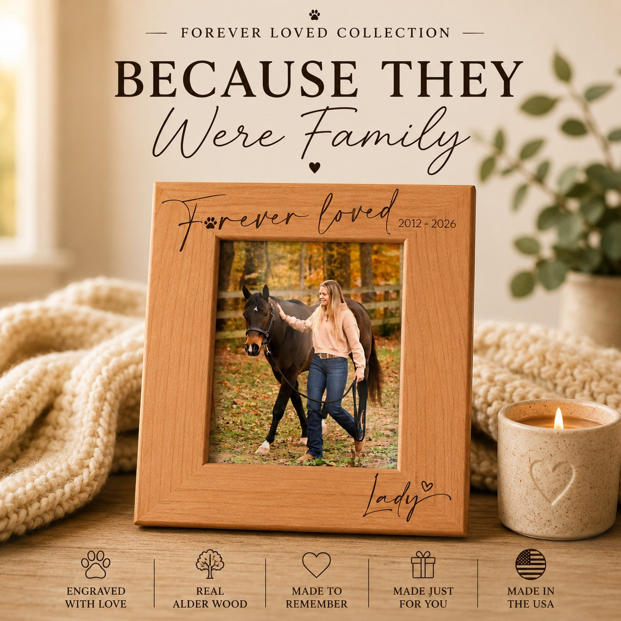 Alterd Industries personalized alder wood horse memorial frame with laser engraved Forever Loved sentiment and name.