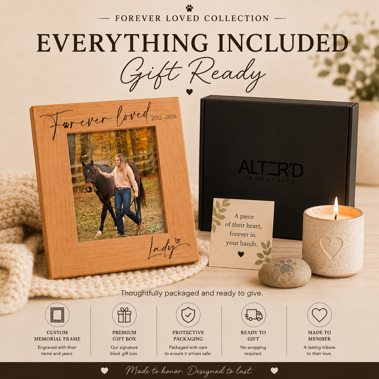 Alterd Industries personalized alder wood horse memorial photo frame with laser engraved name and Forever Loved text.