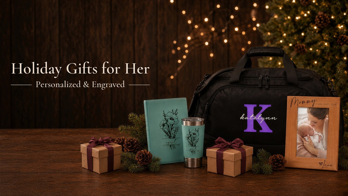 Holiday Gifts for Her: personalized script monogram duffel bag, teal engraved floral journal and tumbler, and a Mommy Established wood photo frame
