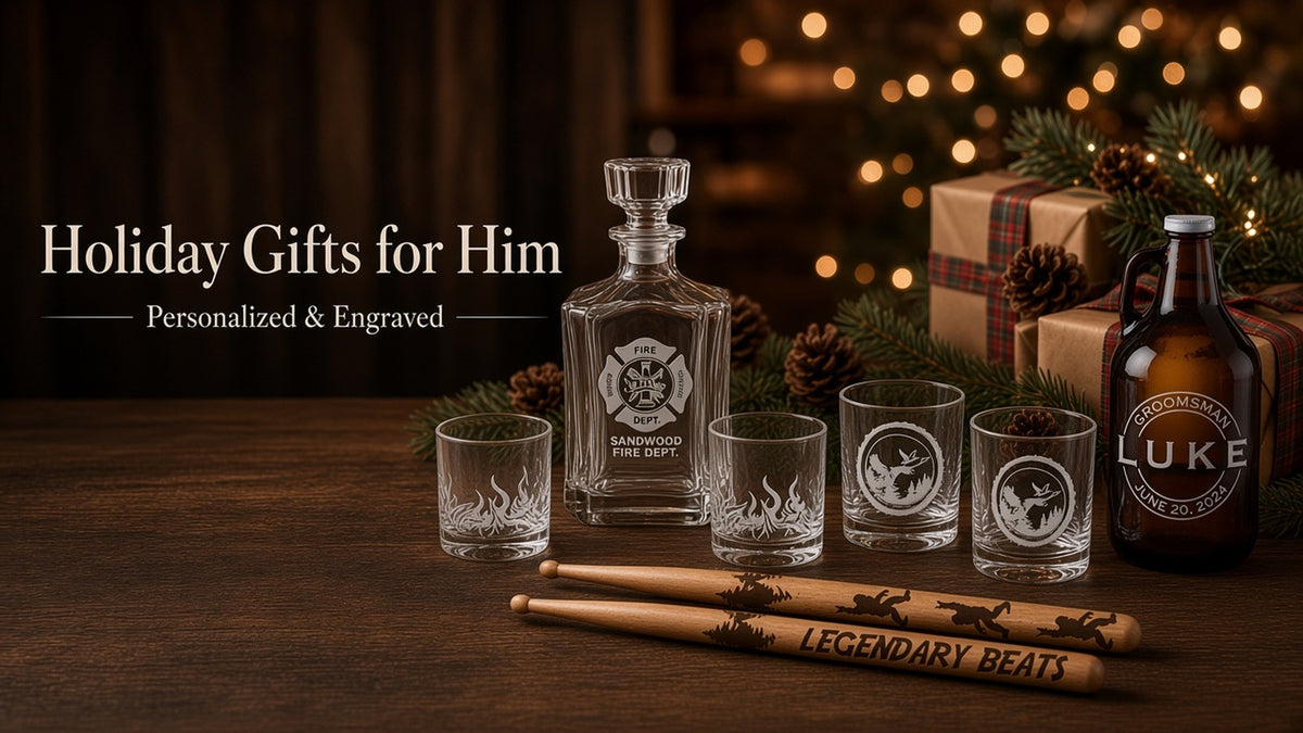 Holiday Gifts for Him: personalized engraved firefighter decanter set, Mallard whiskey glasses, drumsticks and groomsman growler