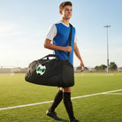 black duffel bag with a green and white Soccer logo.