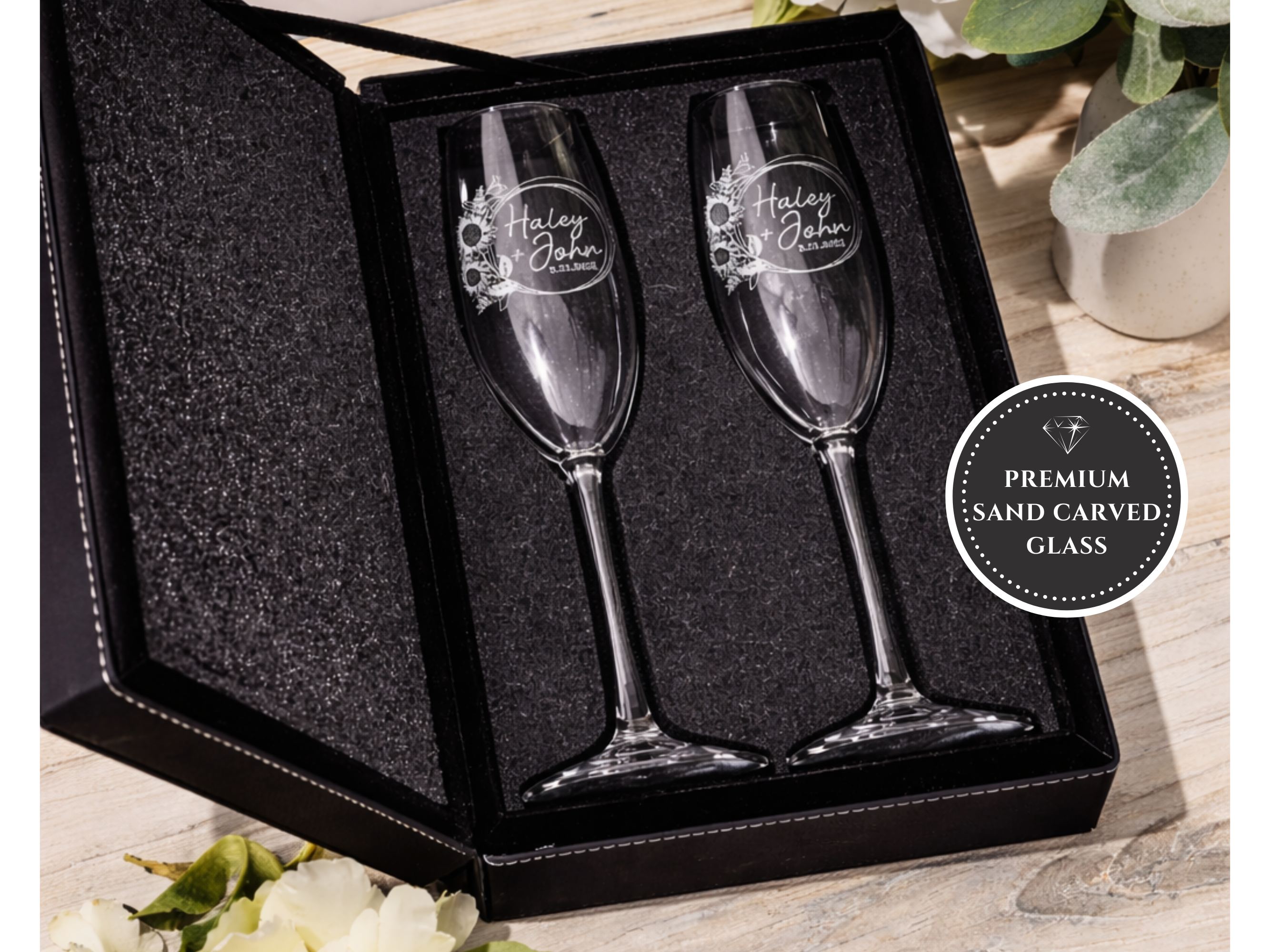 Personalized Sunflower Wedding Champagne Flutes