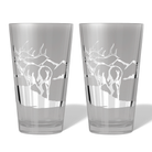 Pair of Elk Mountain pint glasses sandblast engraved with fully frosted 360° elk and mountain scene