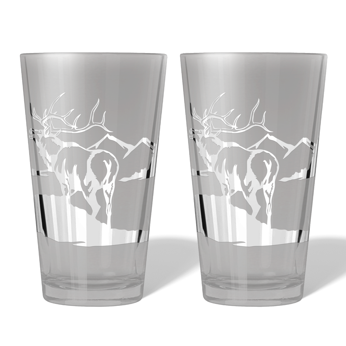 Pair of Elk Mountain pint glasses sandblast engraved with fully frosted 360° elk and mountain scene