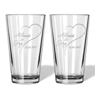 Pair of personalized pint glasses sandblast engraved with open heart, names and wedding date; comes in black gift box