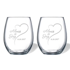Pair of personalized stemless wine glasses sandblast engraved with open heart, names and wedding date; comes in black gift box