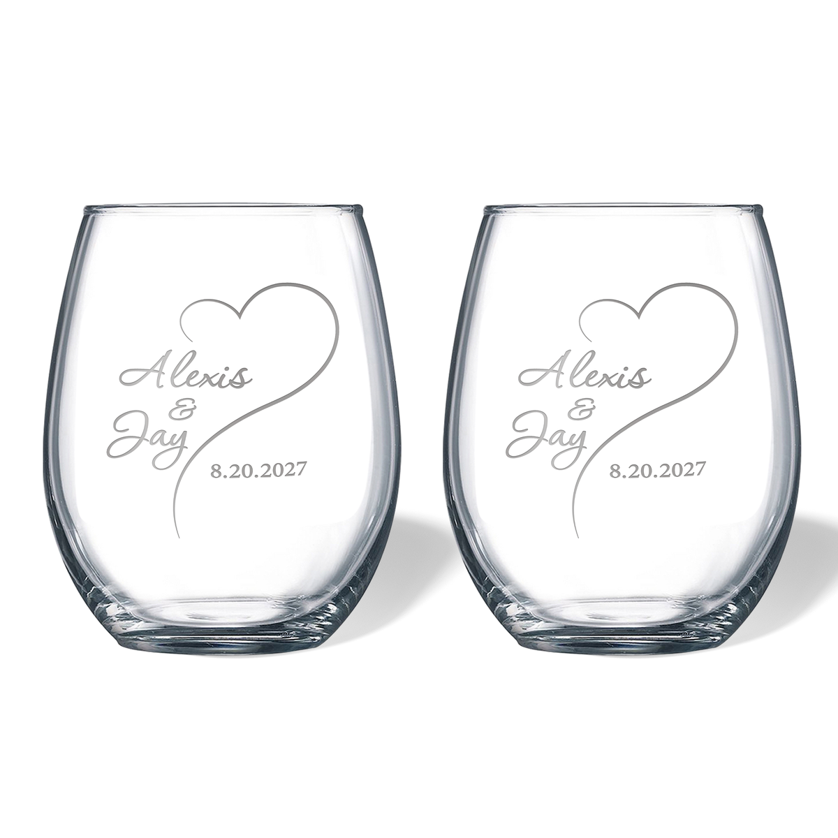 Pair of personalized stemless wine glasses sandblast engraved with open heart, names and wedding date; comes in black gift box