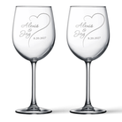 Pair of personalized stemmed wine glasses sandblast engraved with open heart, names and wedding date; comes in black gift box