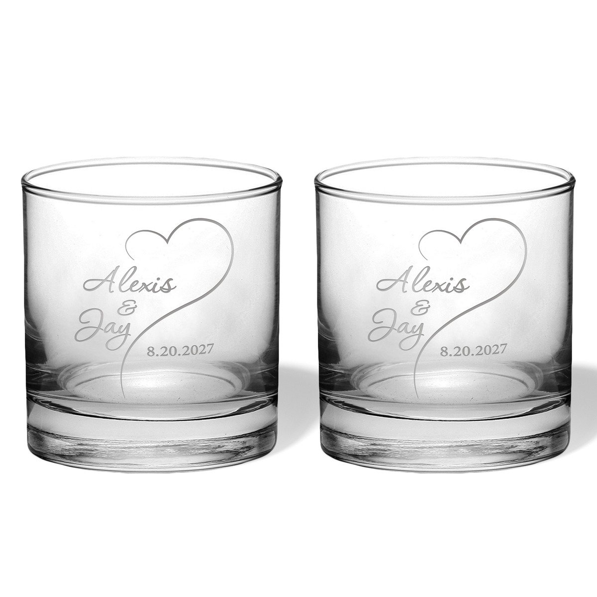 Pair of personalized whiskey glasses sandblast engraved with open heart, names and wedding date; comes in black gift box