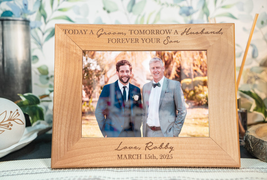 Forever Your Son Wedding Frame | Laser Engraved Alder Wood | Groom's Name & Date | Parent Gift