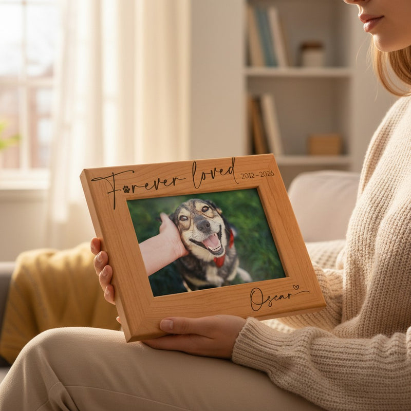 Personalized Dog Memorial Frame, Laser Engraved Alder Wood
