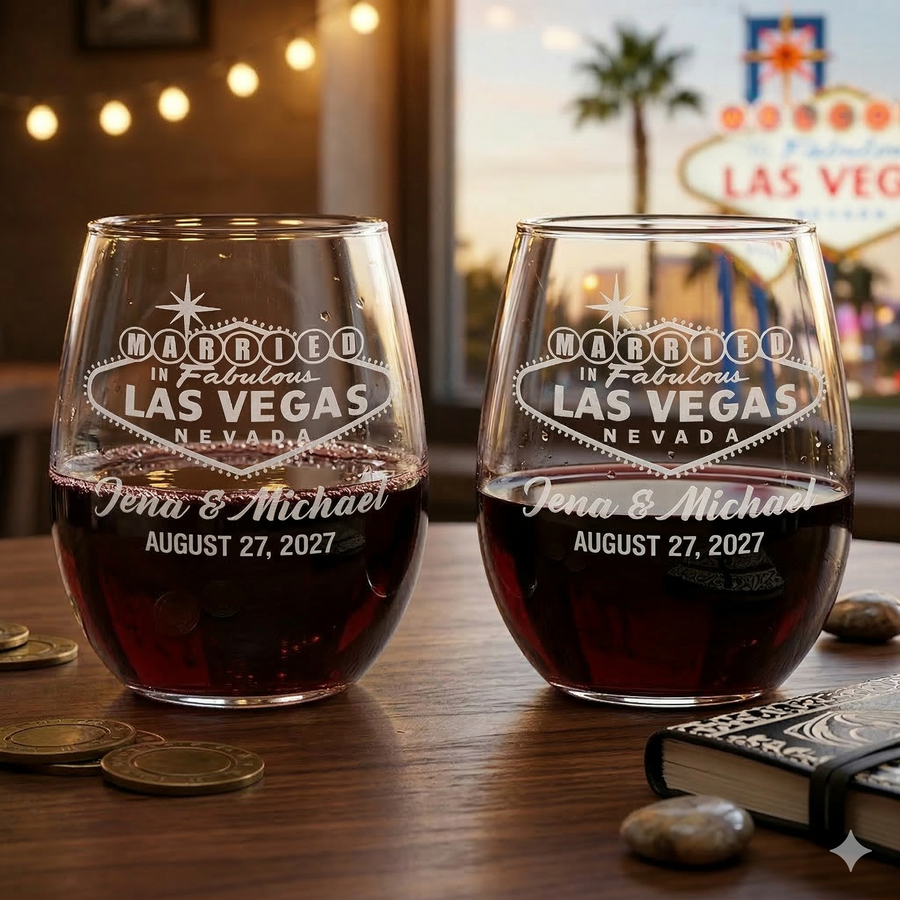 Married in Vegas Wedding Glasses | Sandblast Engraved | Names & Date | Las Vegas Wedding Gift