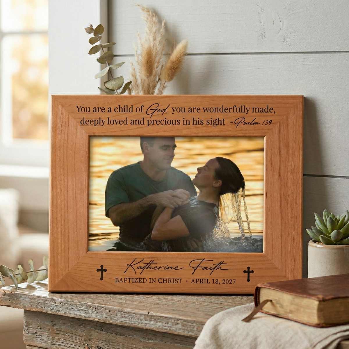 Personalized Baptism Frame, Laser Engraved Wood