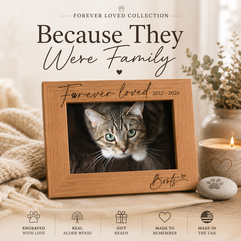 Personalized Cat Memorial Frame | Laser Engraved Alder Wood | Pet Name & Dates | Forever Loved