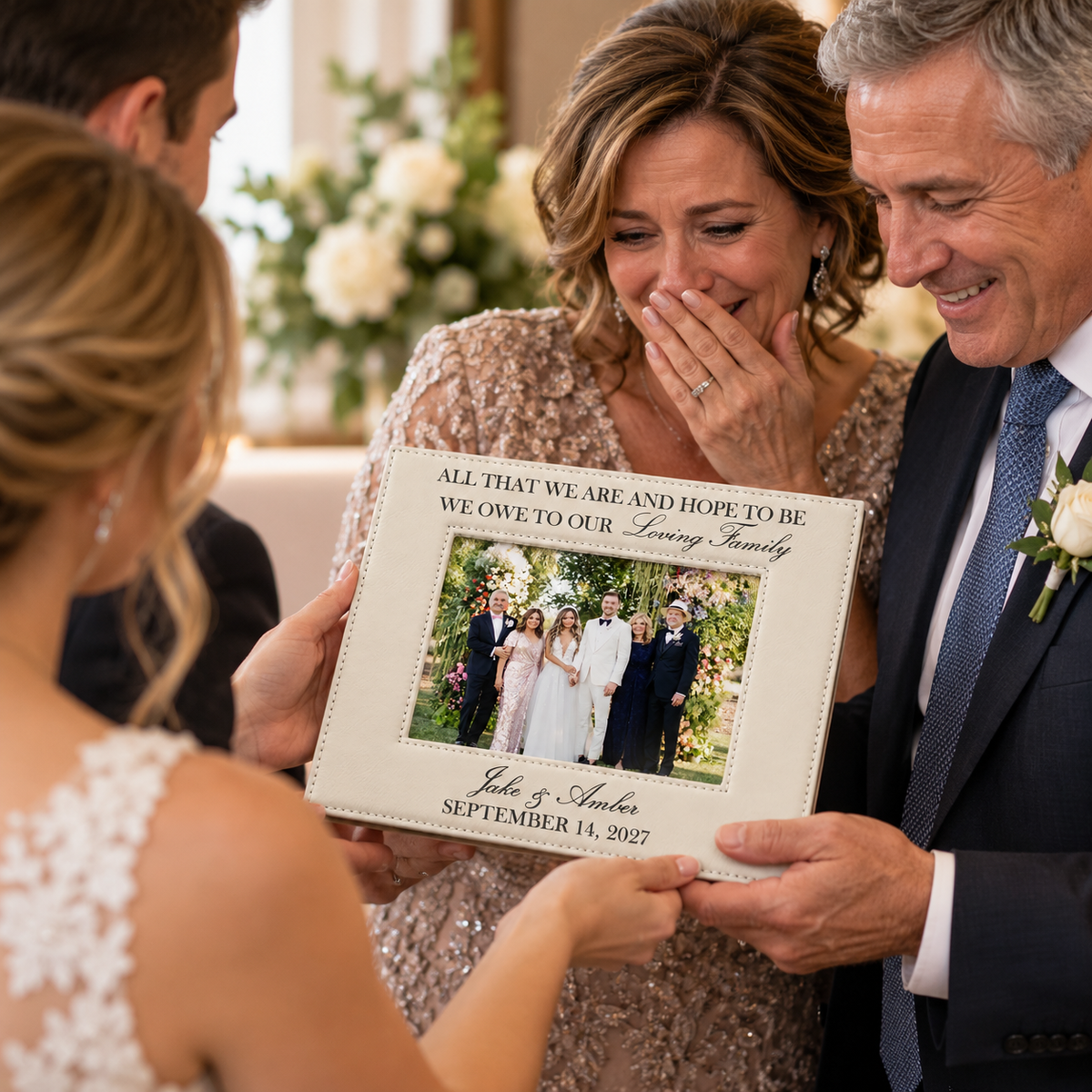 Bride and groom giving parents an engraved All That We Are family wedding photo frame