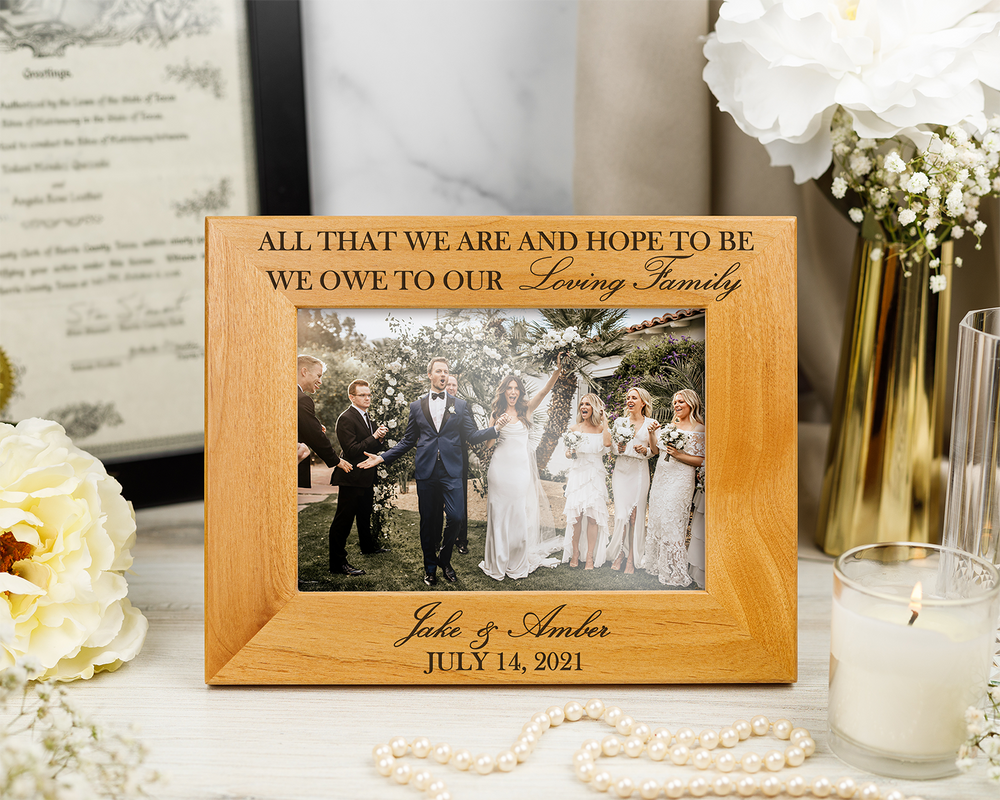 All We Hope to Be Wedding Frame for Parents | Laser Engraved Alder Wood | Couple's Names & Date