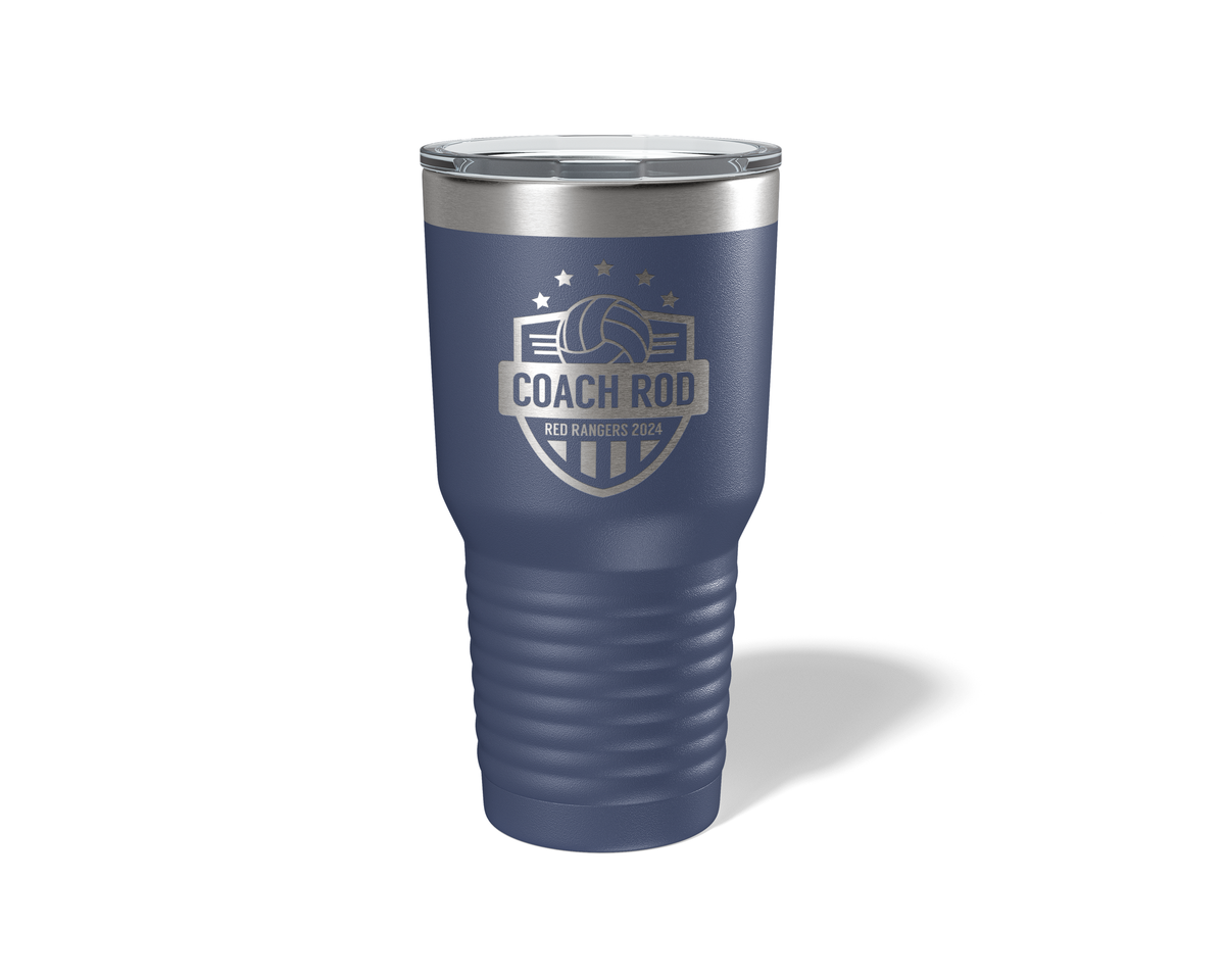 Personalized Volleyball Coach Tumbler 30oz in Navy Blue, laser engraved stars design