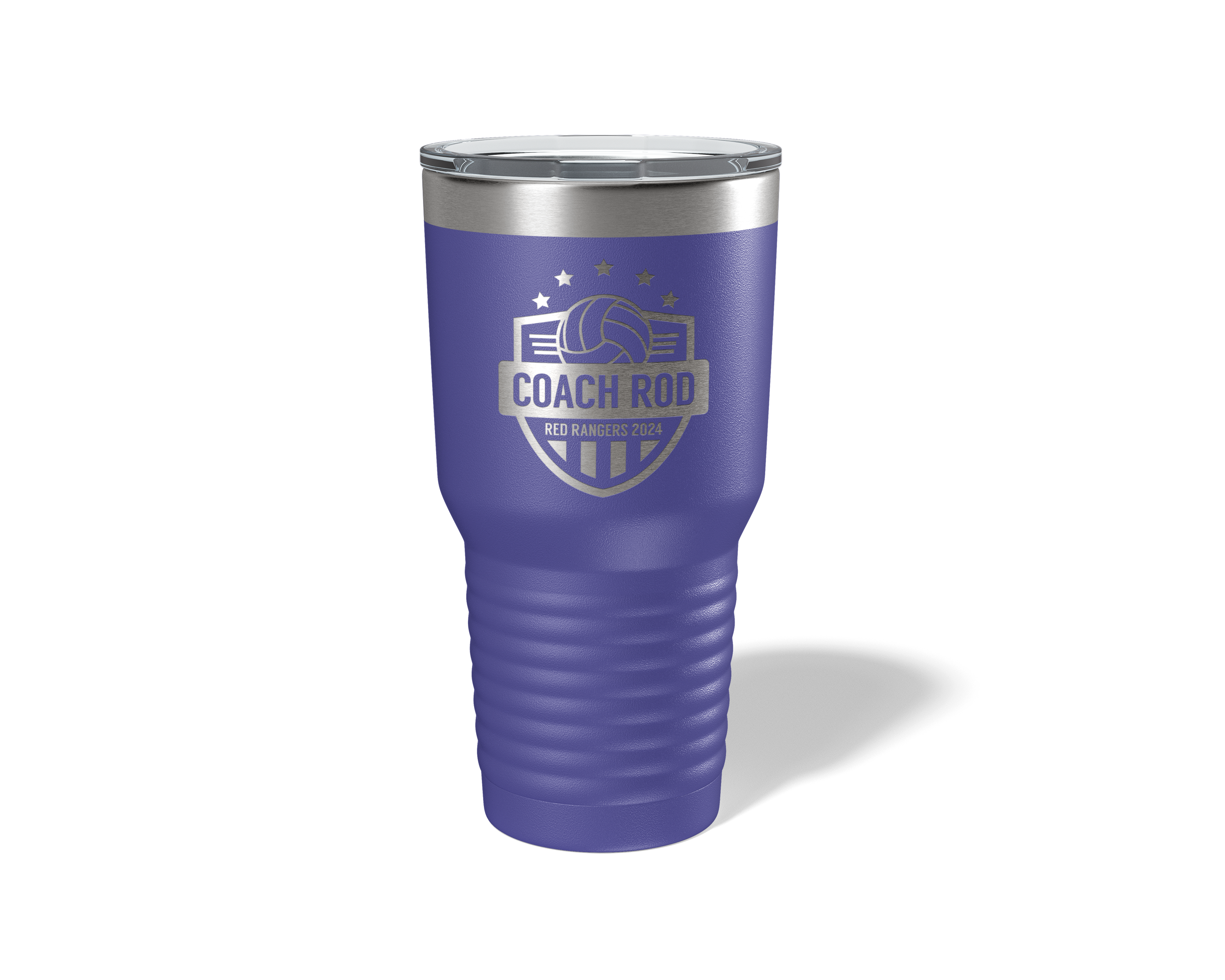 Personalized Volleyball Coach Tumbler 30oz in Purple, laser engraved stars design
