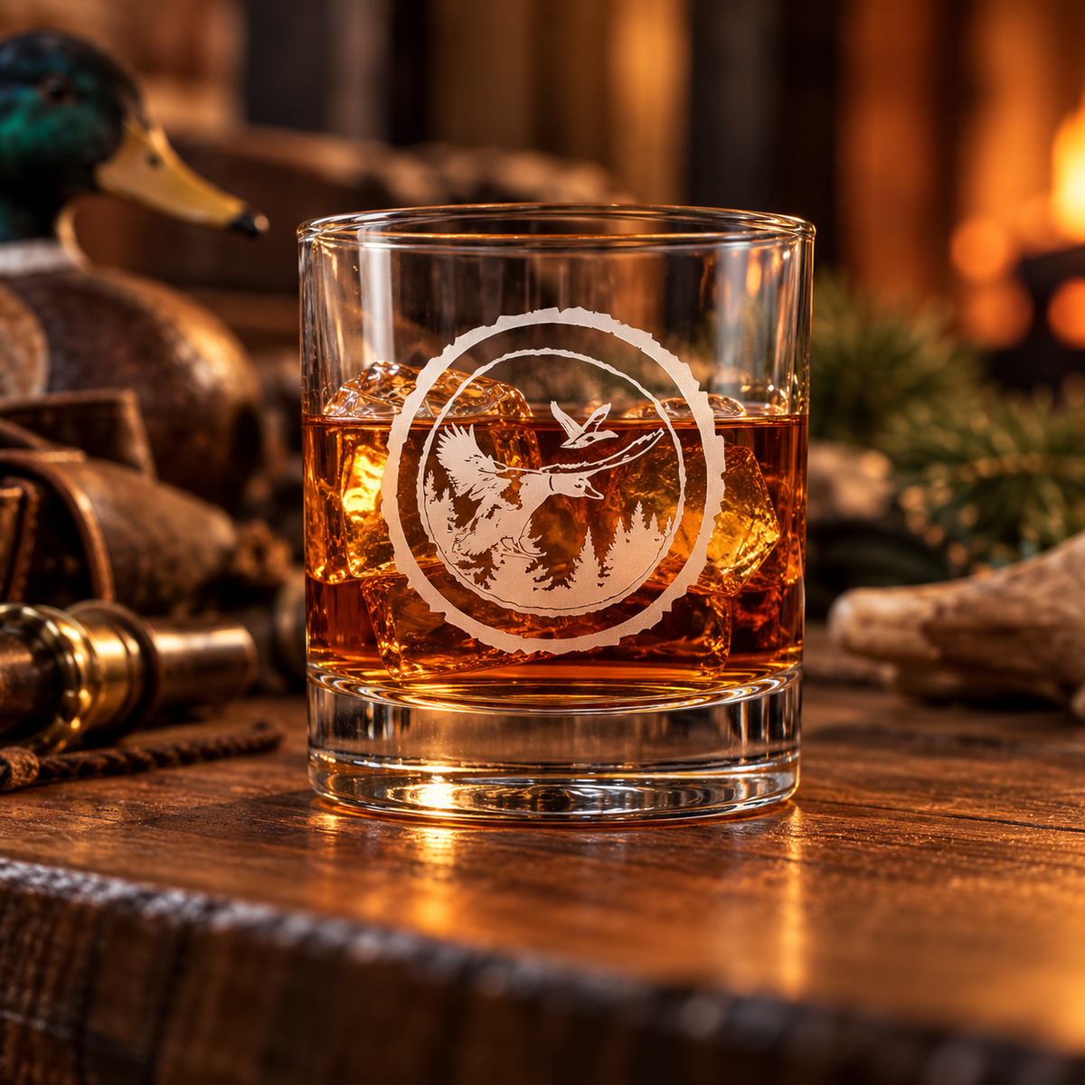 Mallard duck whiskey glass sandblast engraved with flying mallard and pine tree scene, on a rustic cabin table